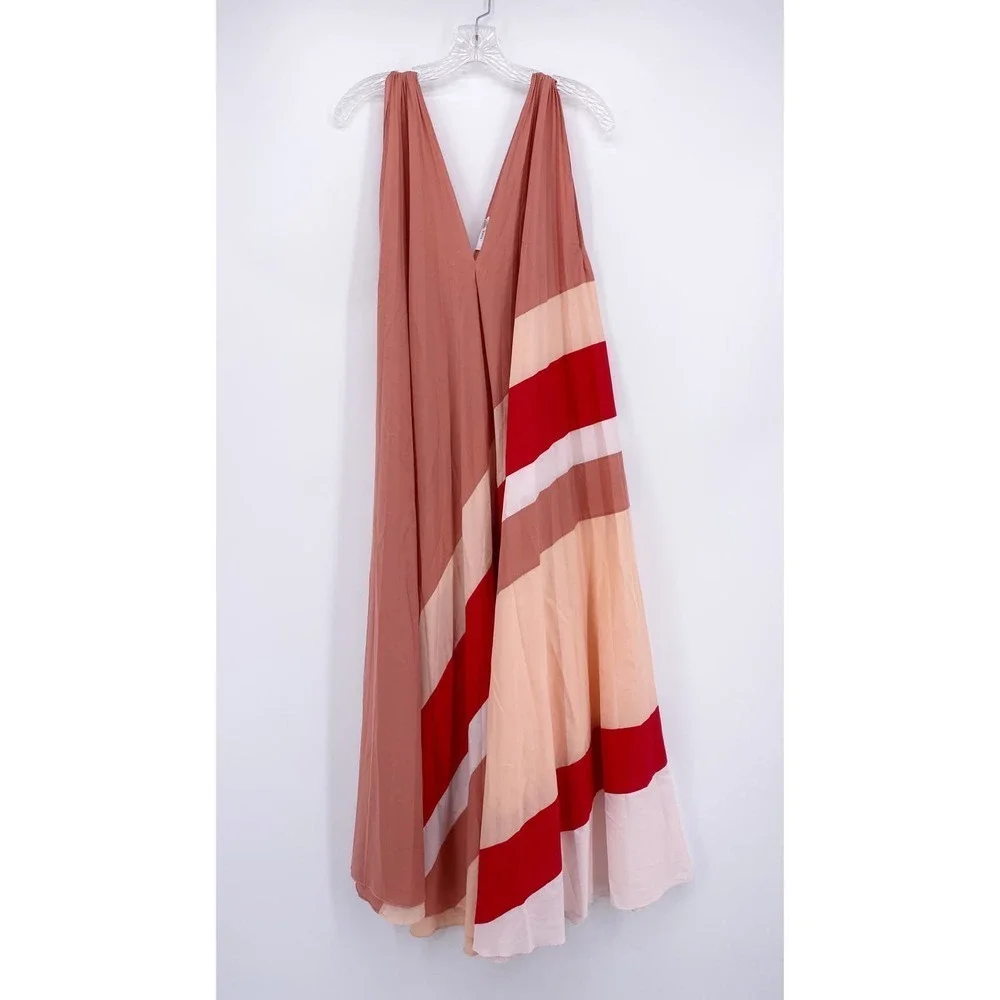 Tome Collective Dress 4 S Pleated Sleeveless Swing Stripe Maxi Pink Red V Neck - Picture 3 of 8